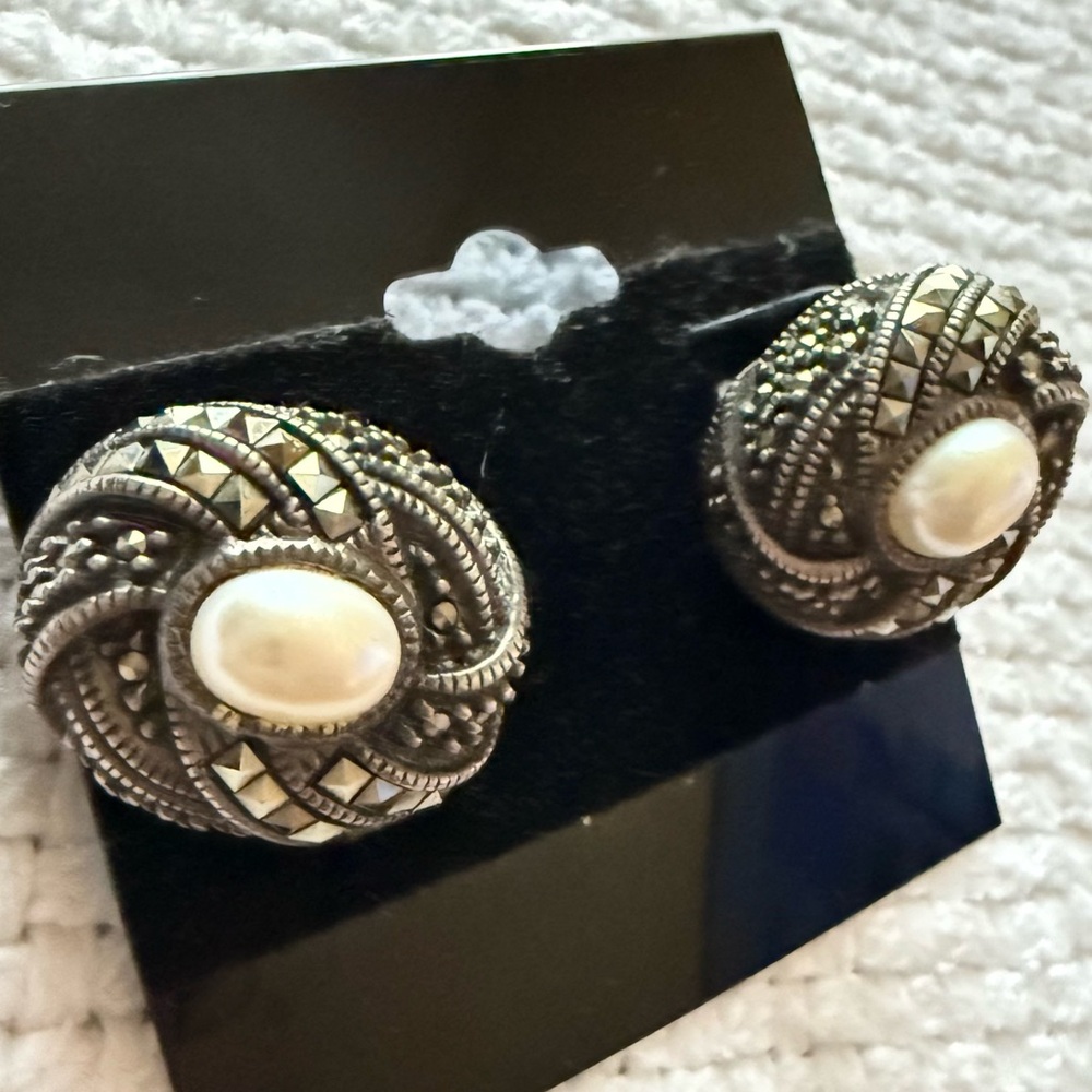 Vintage Judith Jack Signed JJ  Sterling Marcasites with Pearl Pierced Earrings